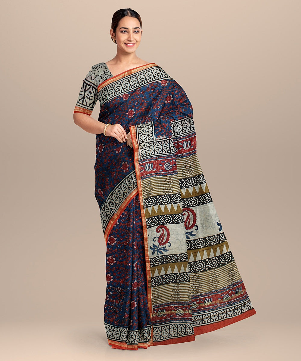 navy blue offoffwhite cotton silk hand printed chanderi saree