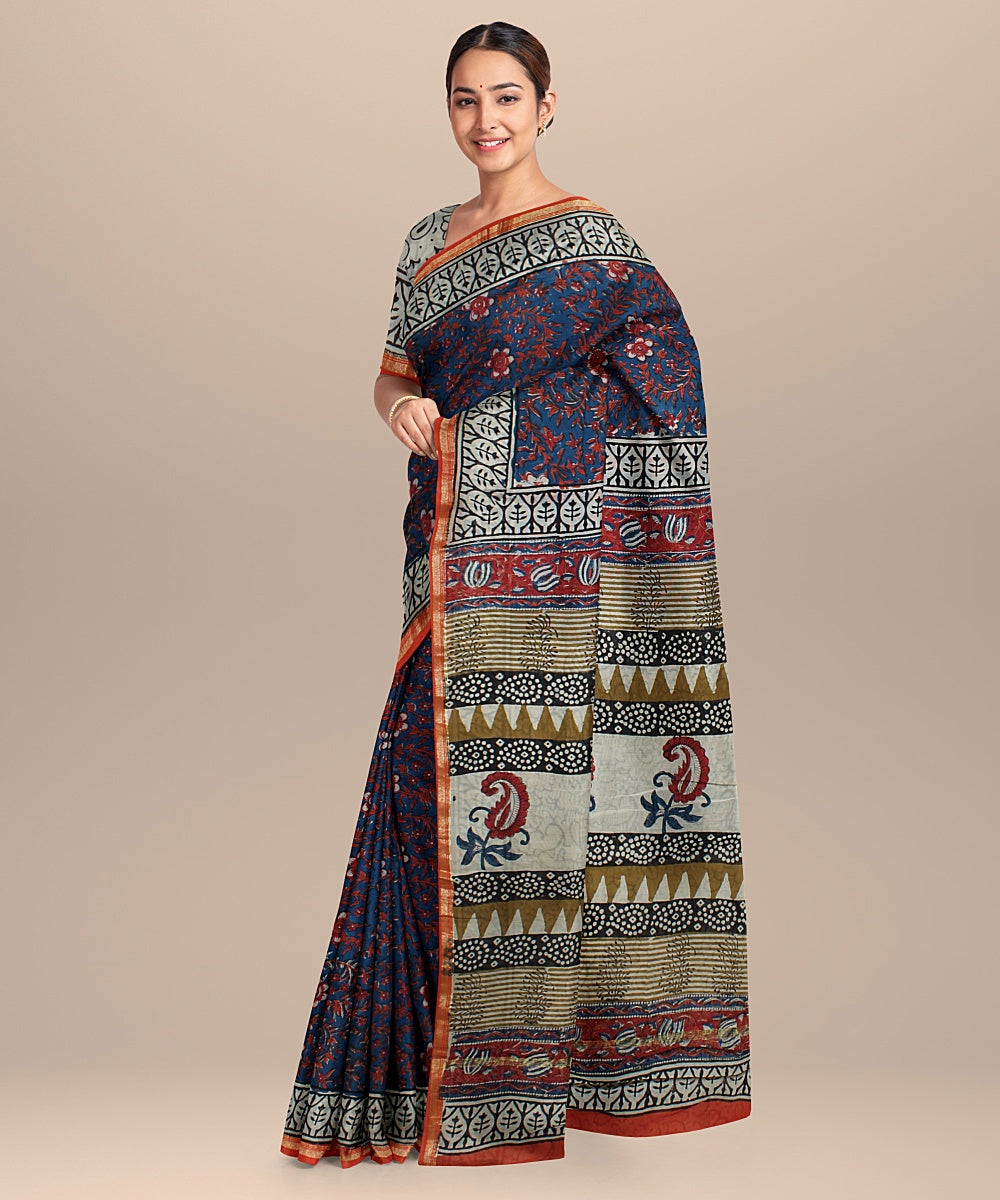 navy blue offoffwhite cotton silk hand printed chanderi saree