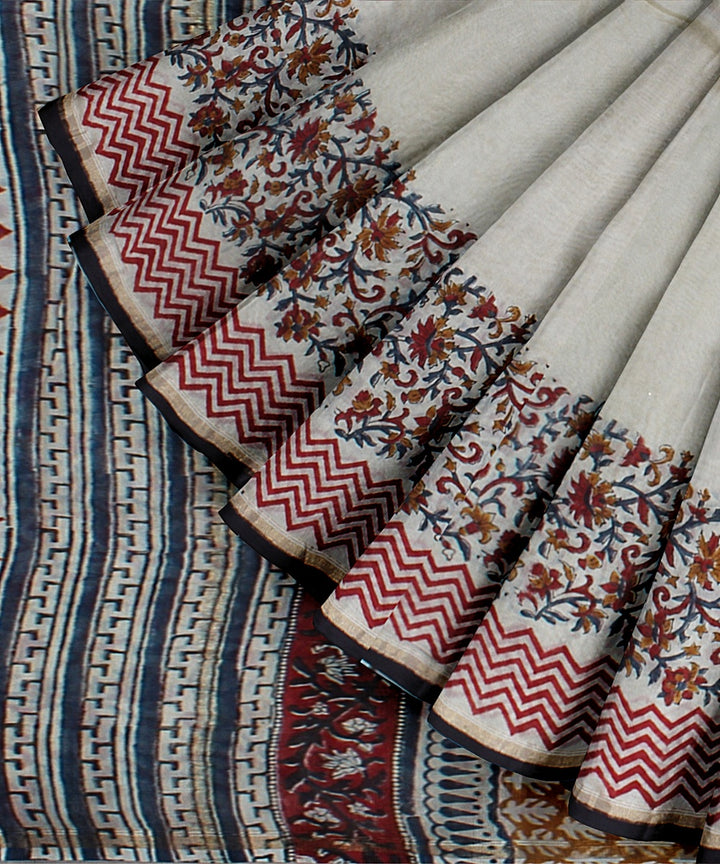 Offwhite black cotton silk hand block printed chanderi saree