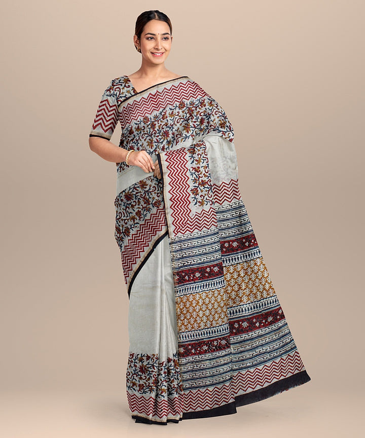 Offwhite black cotton silk hand block printed chanderi saree