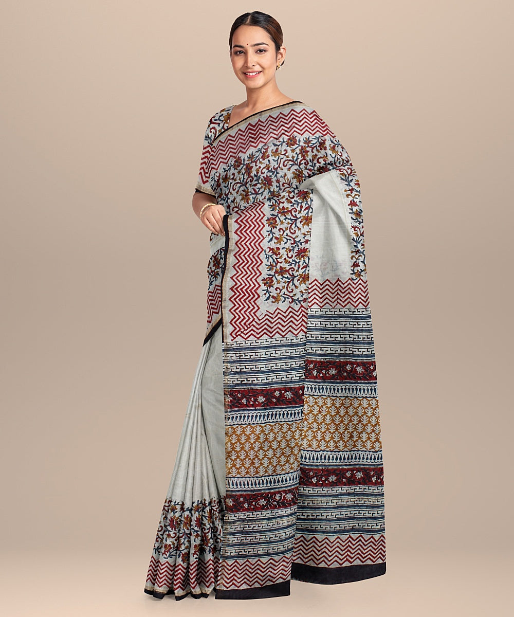 Offwhite black cotton silk hand block printed chanderi saree