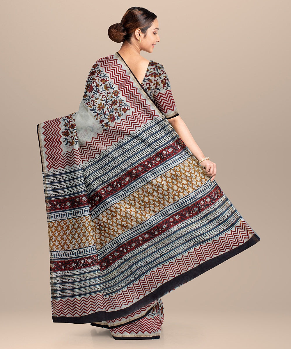 Offwhite black cotton silk hand block printed chanderi saree