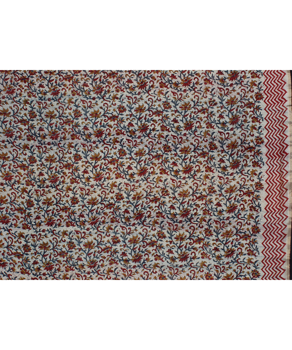 Offwhite black cotton silk hand block printed chanderi saree