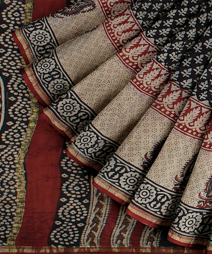 black red cotton silk hand printed chanderi saree