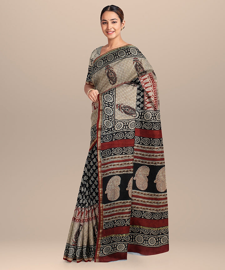 black red cotton silk hand printed chanderi saree