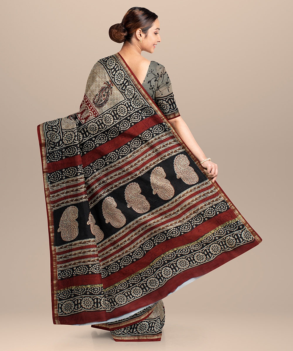 black red cotton silk hand printed chanderi saree