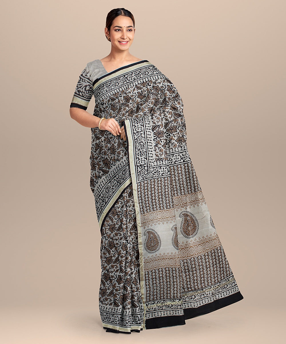 black offoffwhite cotton silk hand printed chanderi saree