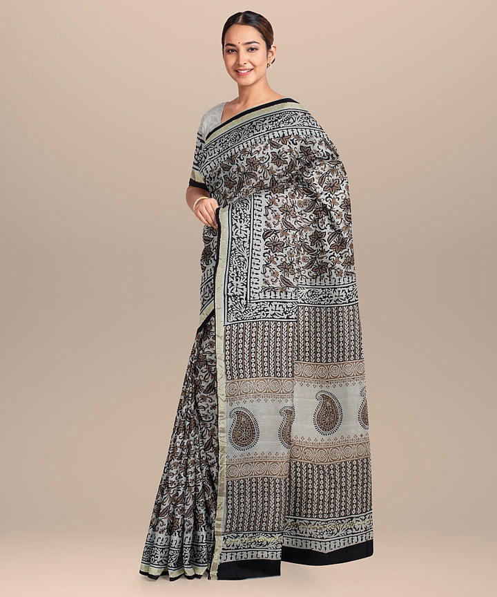 black offoffwhite cotton silk hand printed chanderi saree