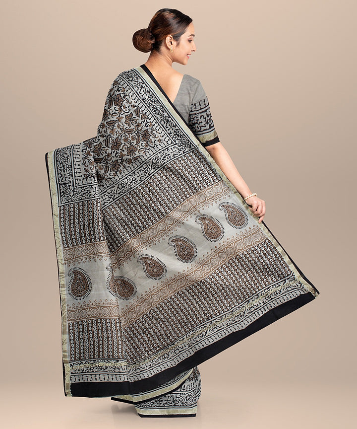 black offoffwhite cotton silk hand printed chanderi saree