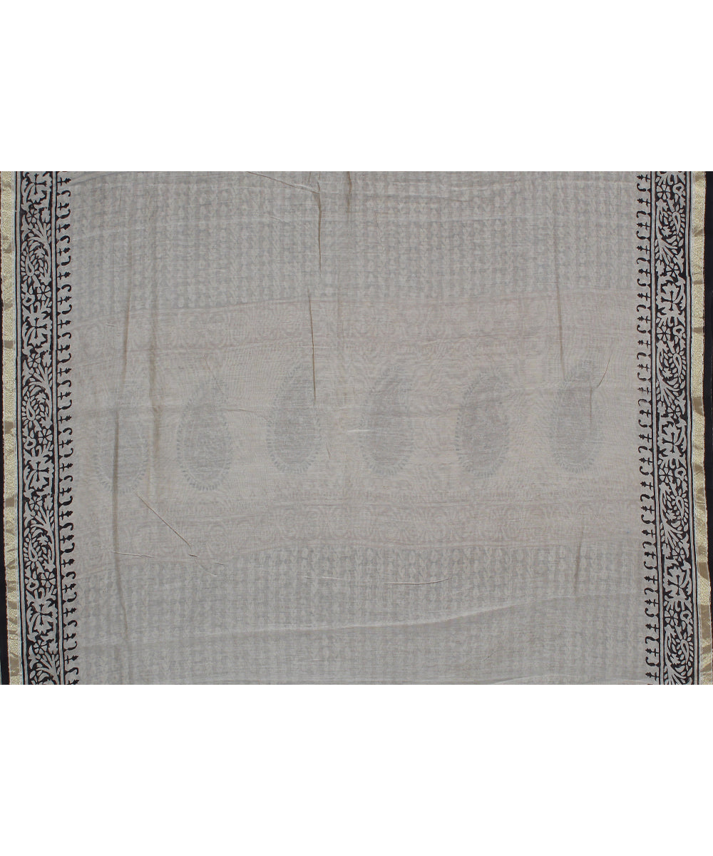 black offoffwhite cotton silk hand printed chanderi saree