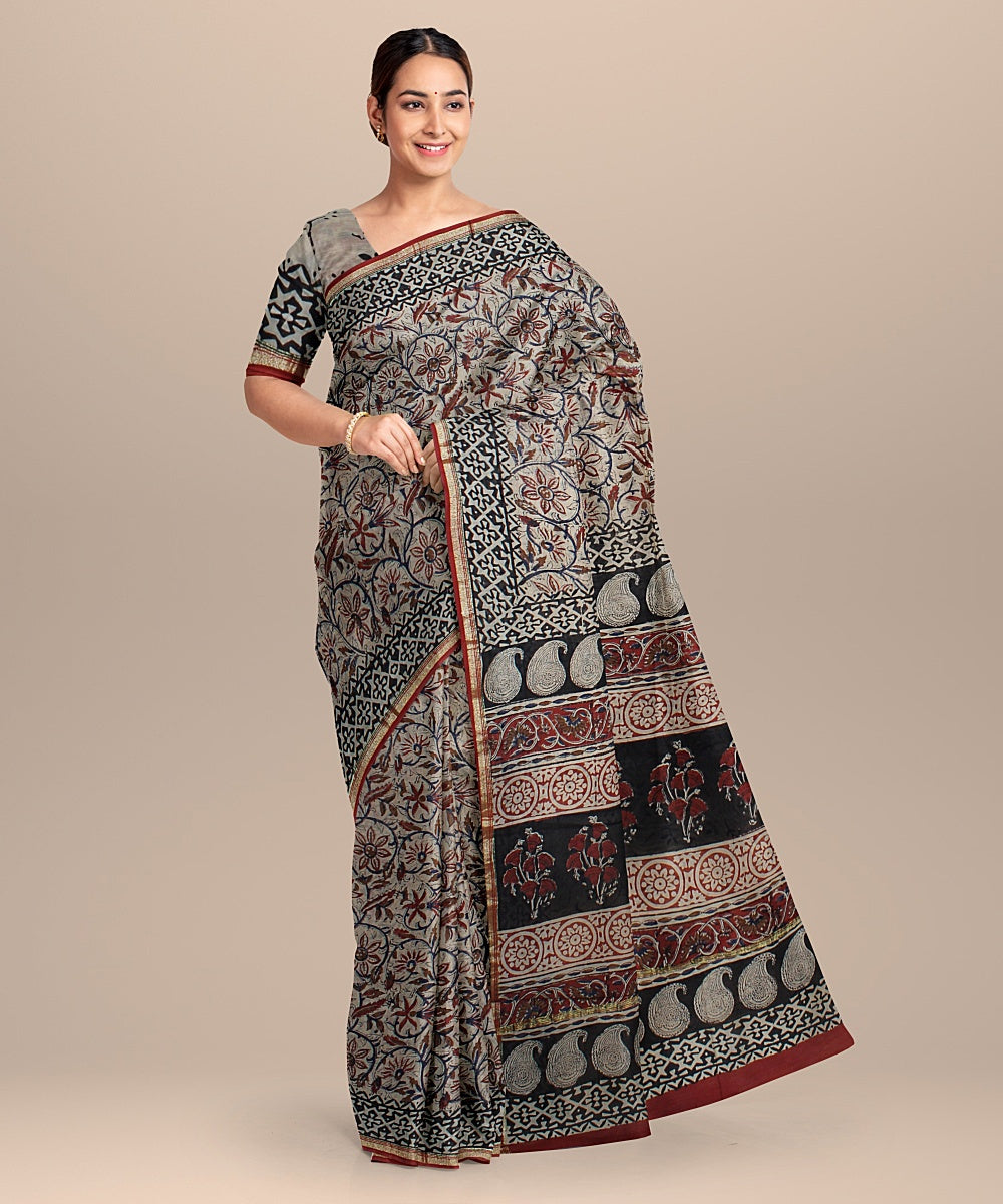 black red cotton silk hand printed chanderi saree