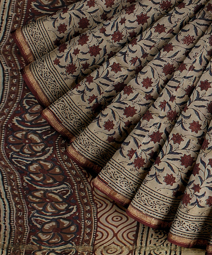 Maroon floral cotton silk hand block printed chanderi saree