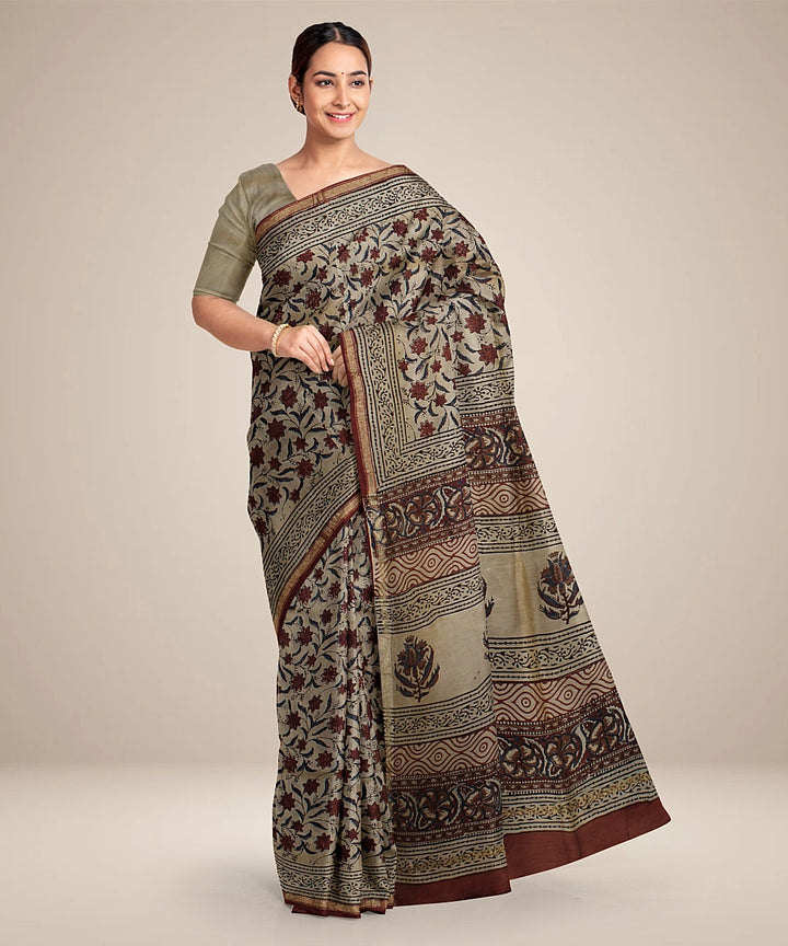 Maroon floral cotton silk hand block printed chanderi saree