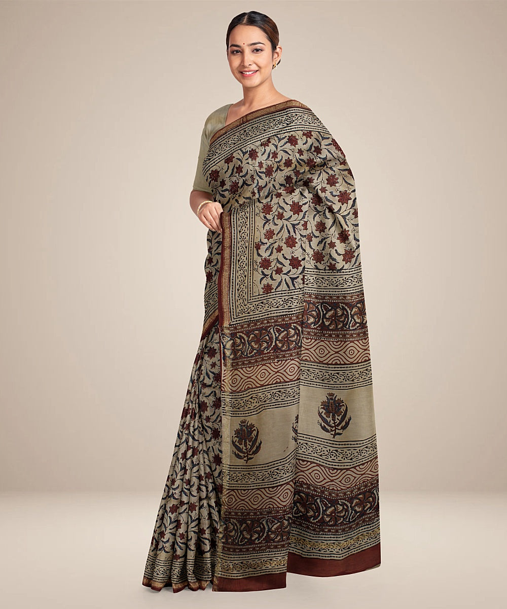 Maroon floral cotton silk hand block printed chanderi saree