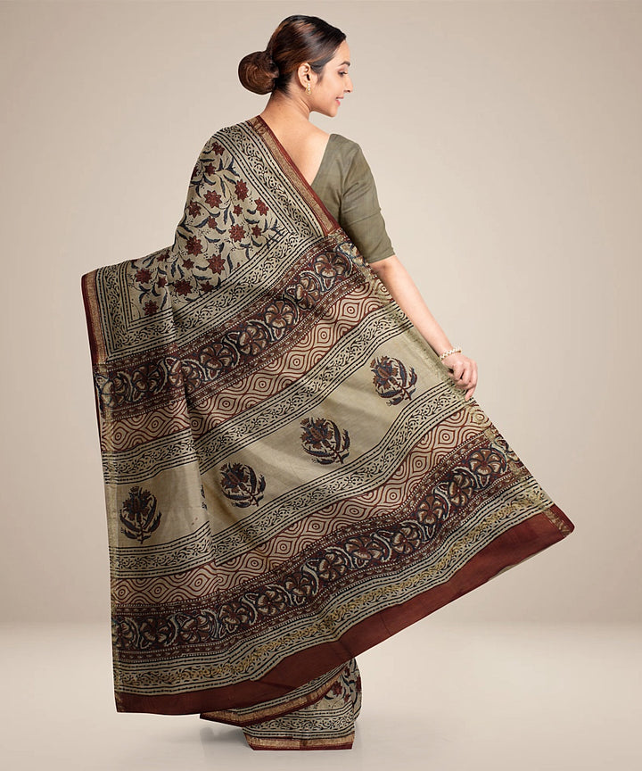 Maroon floral cotton silk hand block printed chanderi saree