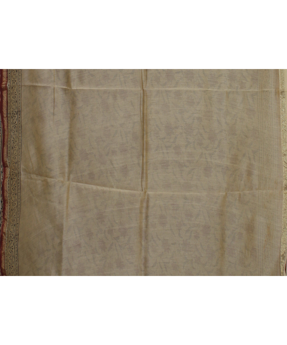 Maroon floral cotton silk hand block printed chanderi saree