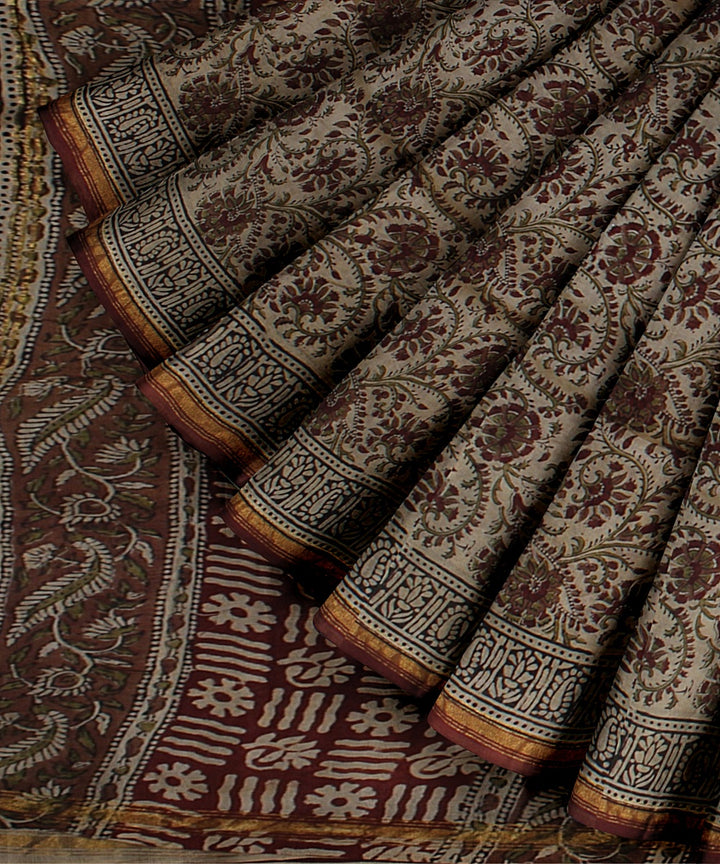 Maroon red cotton silk hand block printed chanderi saree