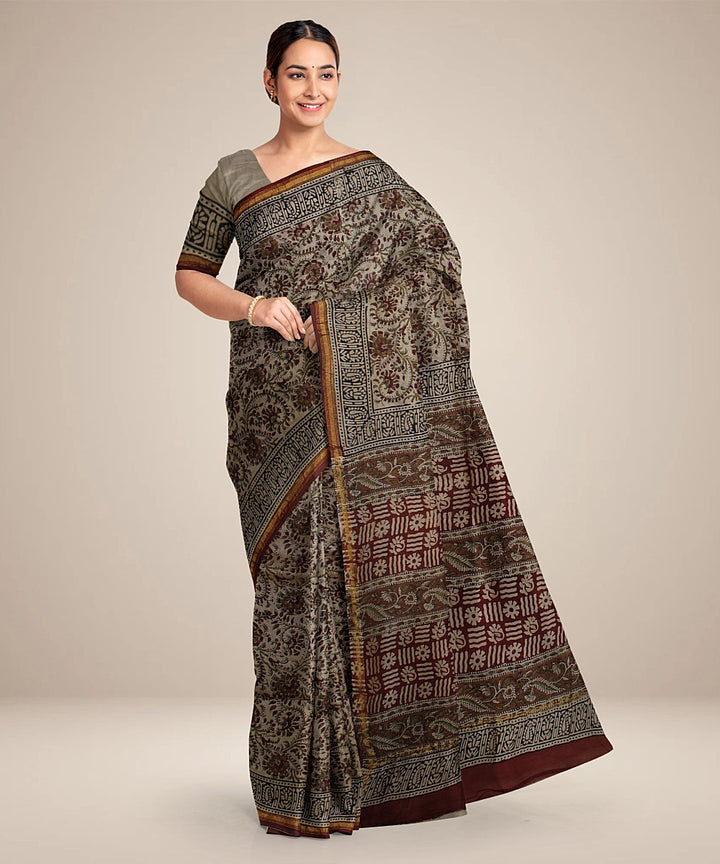 Maroon red cotton silk hand block printed chanderi saree