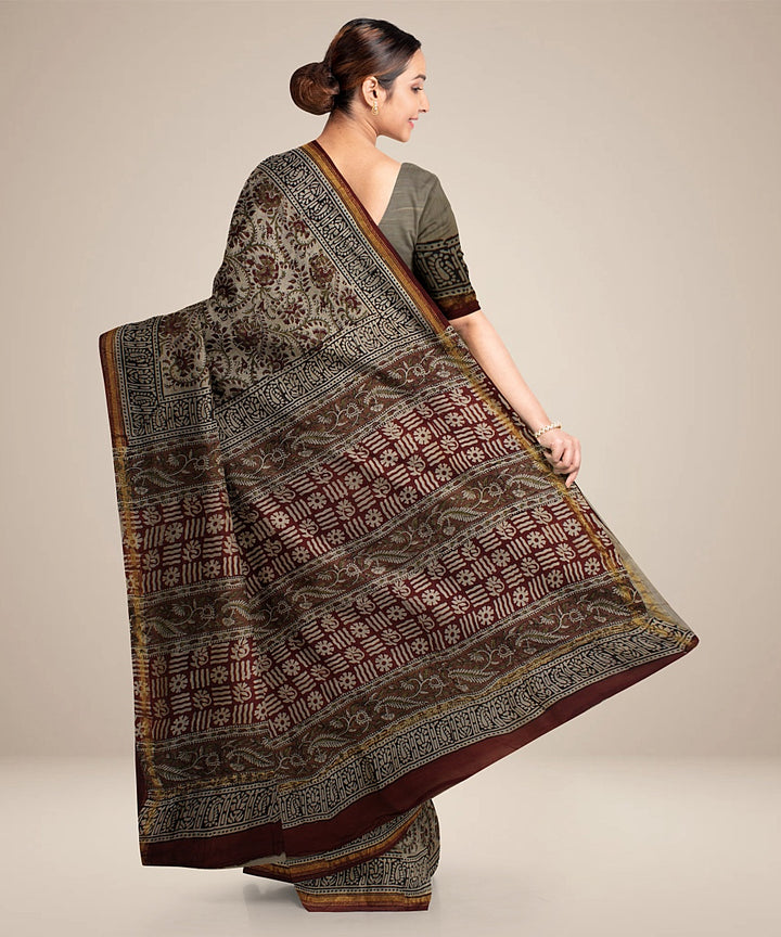 Maroon red cotton silk hand block printed chanderi saree