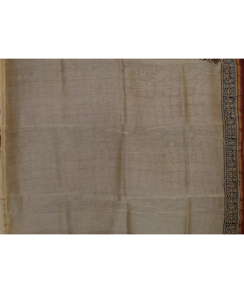 Maroon red cotton silk hand block printed chanderi saree