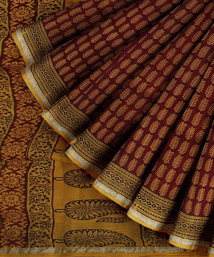 Yellow red black cotton silk hand block printed chanderi saree