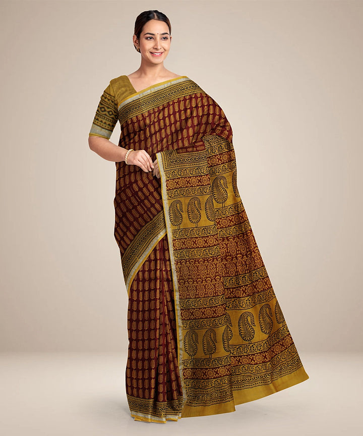 Yellow red black cotton silk hand block printed chanderi saree