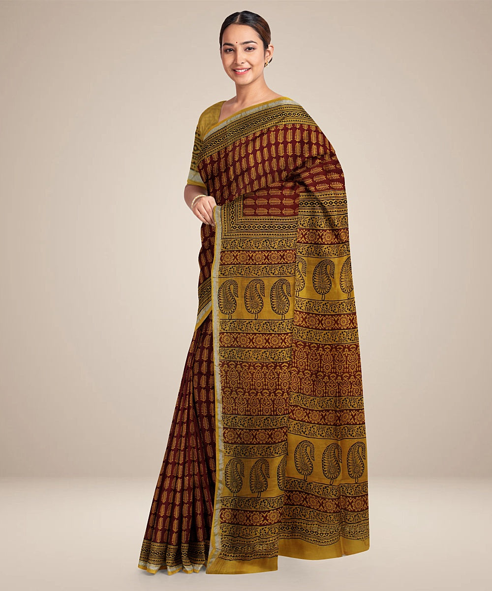 Yellow red black cotton silk hand block printed chanderi saree
