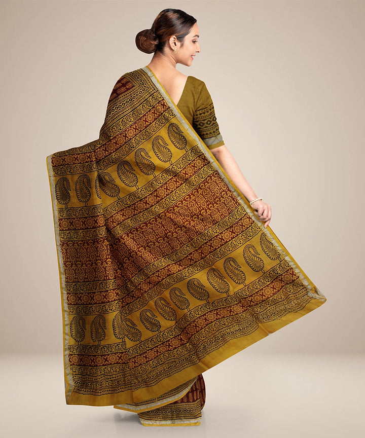 Yellow red black cotton silk hand block printed chanderi saree