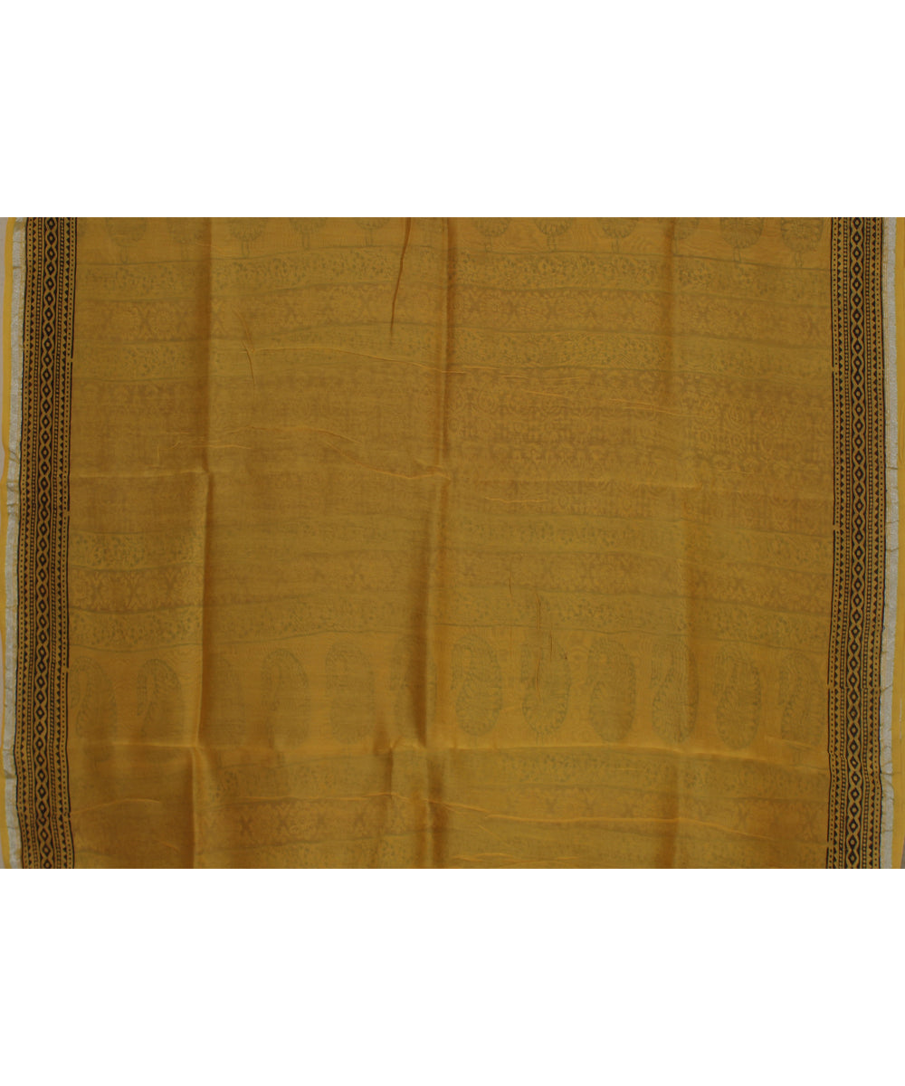 Yellow red black cotton silk hand block printed chanderi saree