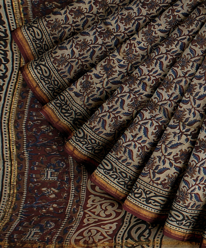 maroon black cotton silk hand printed chanderi saree