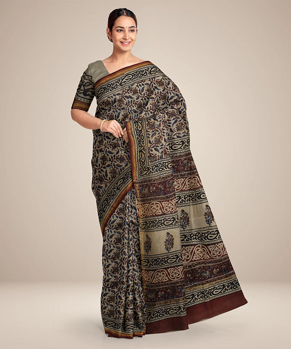 maroon black cotton silk hand printed chanderi saree