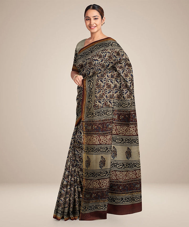 maroon black cotton silk hand printed chanderi saree