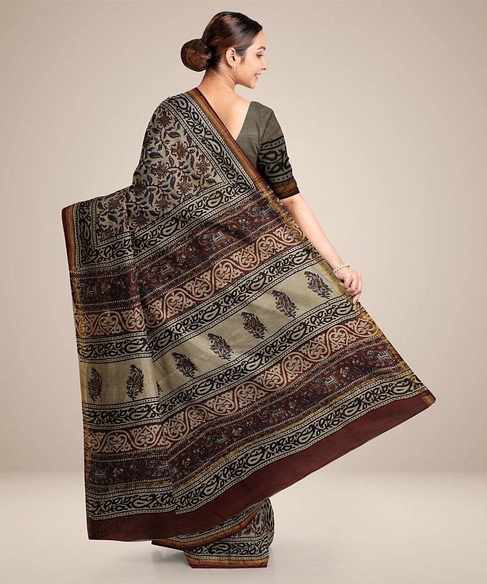 maroon black cotton silk hand printed chanderi saree