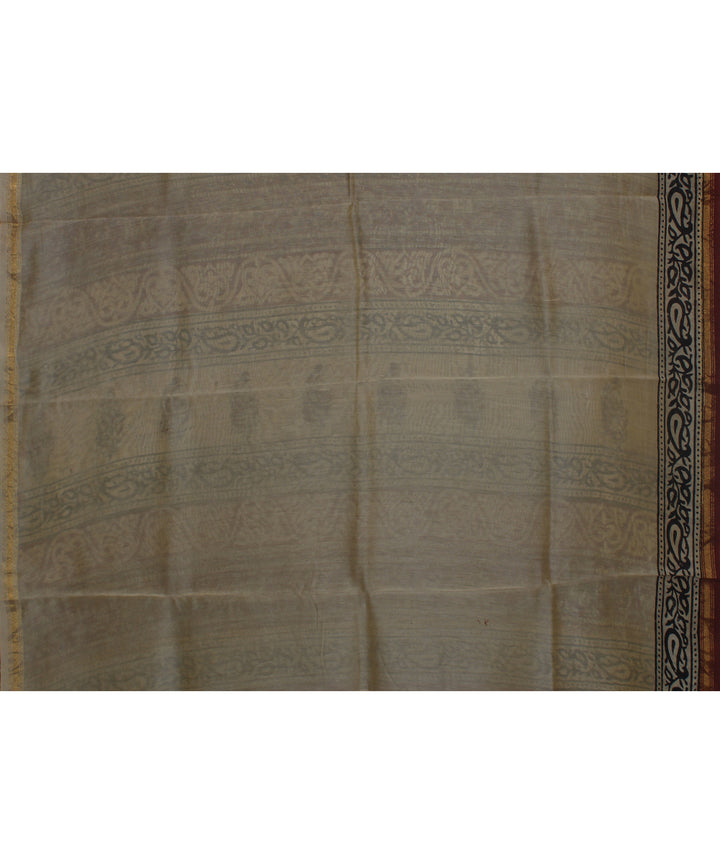 maroon black cotton silk hand printed chanderi saree