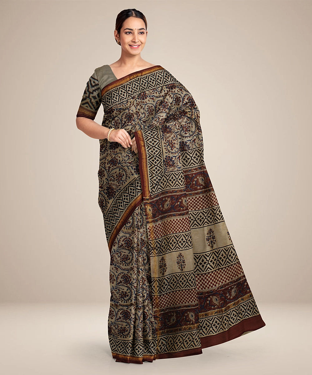 black maroon cotton silk hand printed chanderi saree