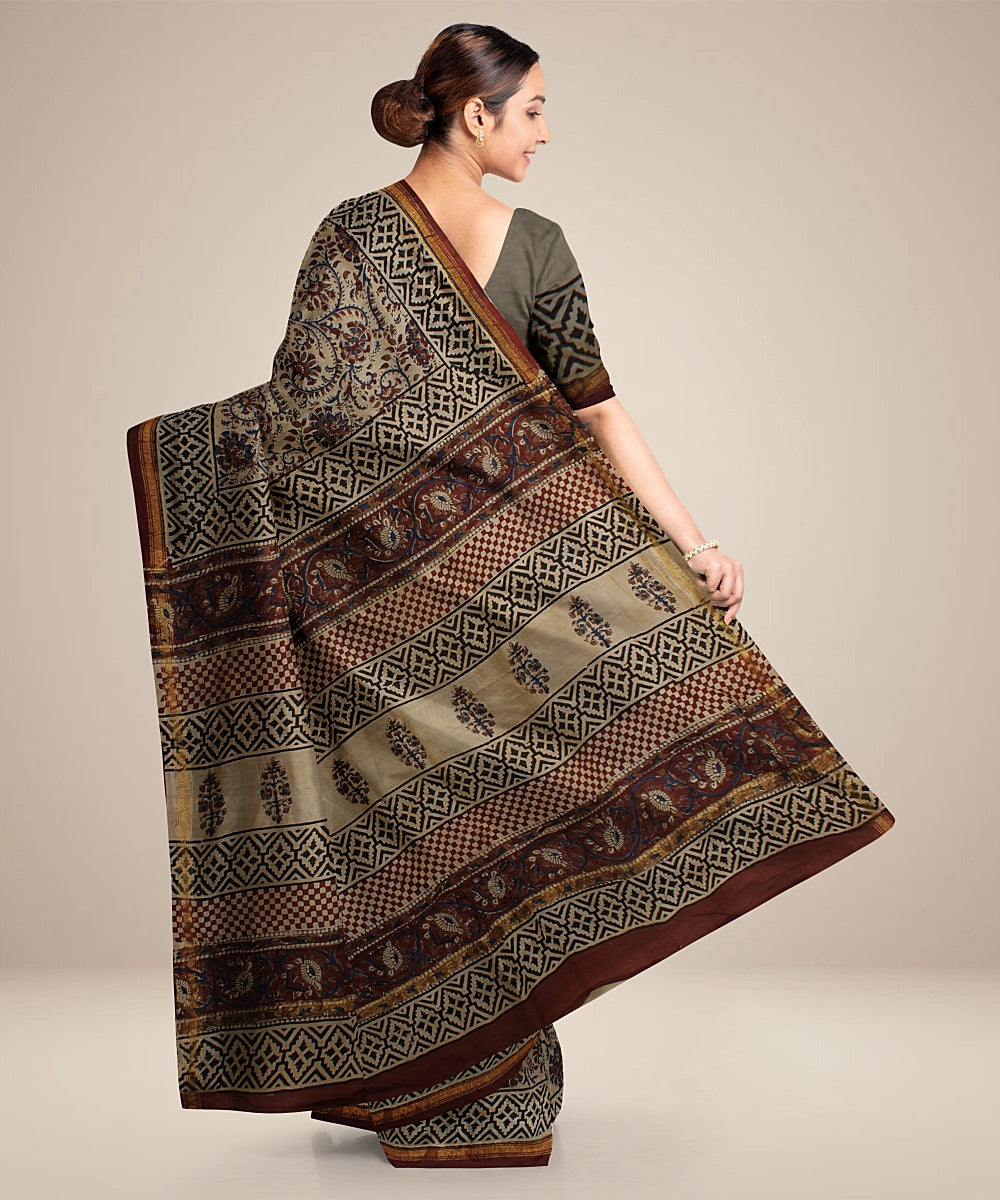 black maroon cotton silk hand printed chanderi saree