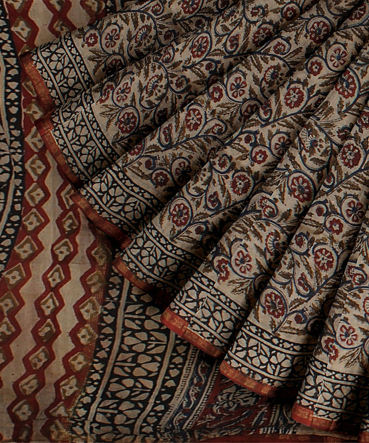 black maroon cotton silk hand printed chanderi saree
