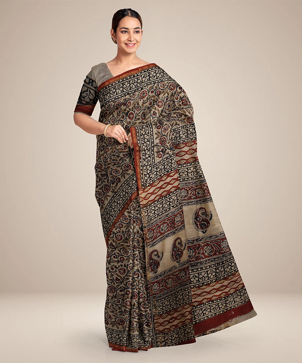 black maroon cotton silk hand printed chanderi saree