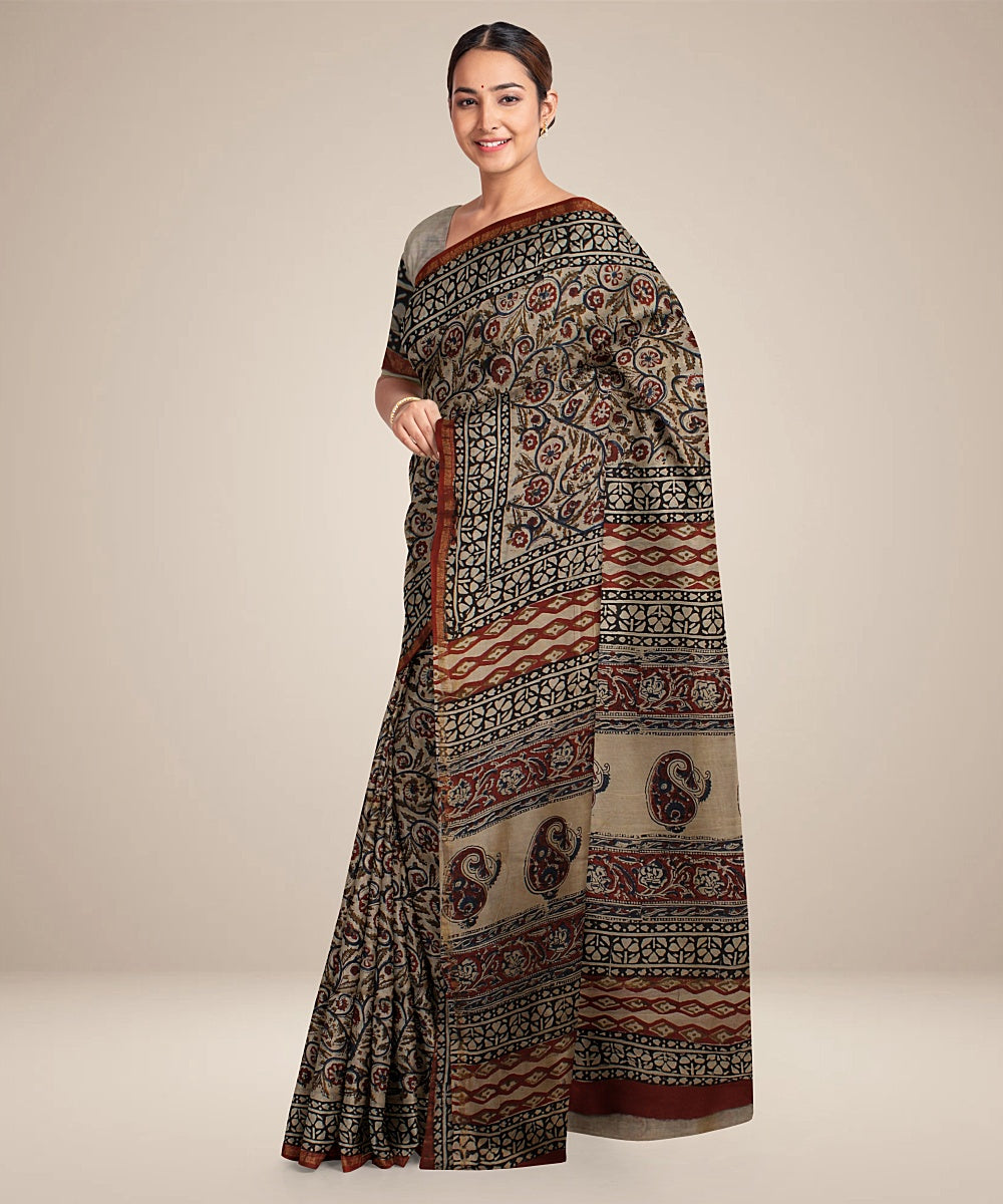 black maroon cotton silk hand printed chanderi saree