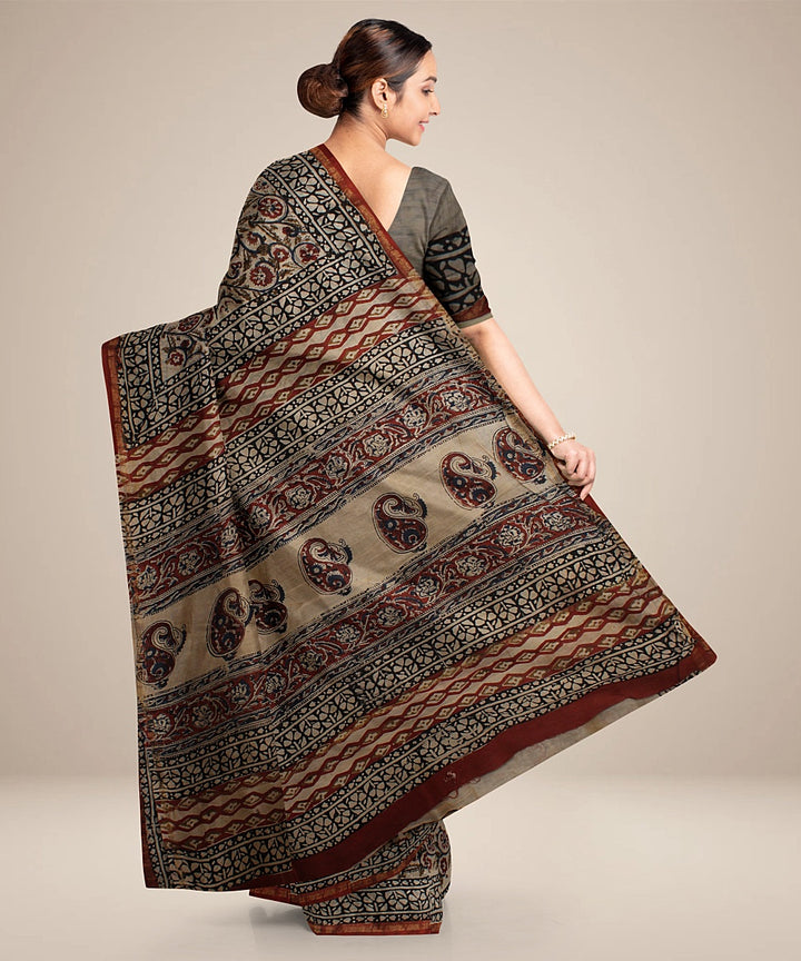 black maroon cotton silk hand printed chanderi saree