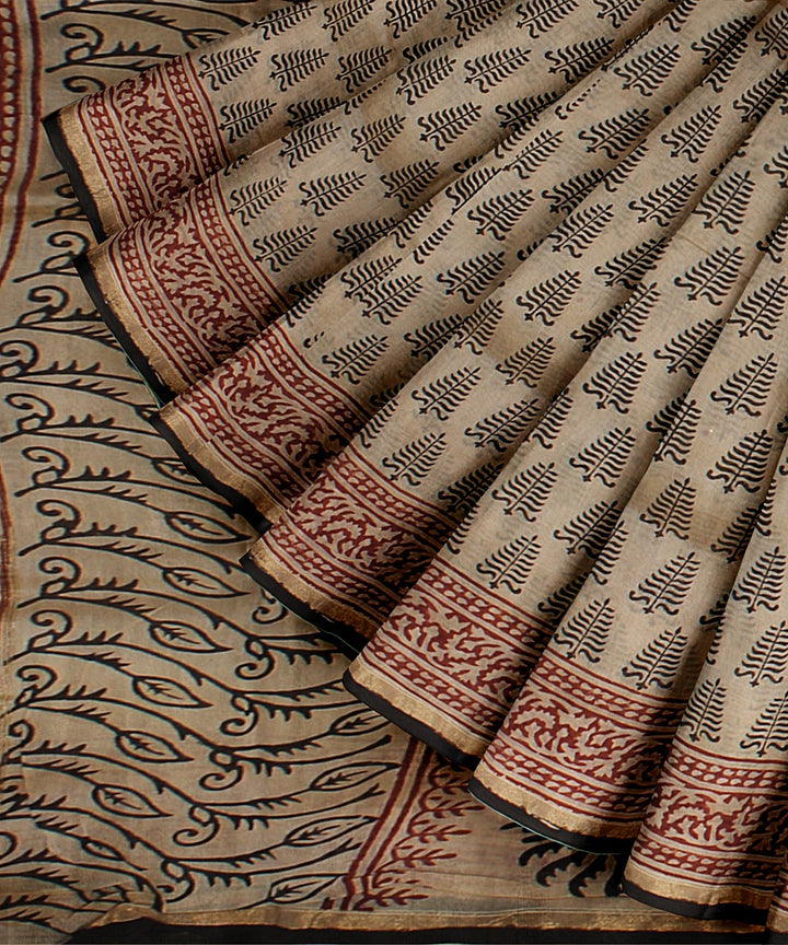 cream black cotton silk hand printed chanderi saree