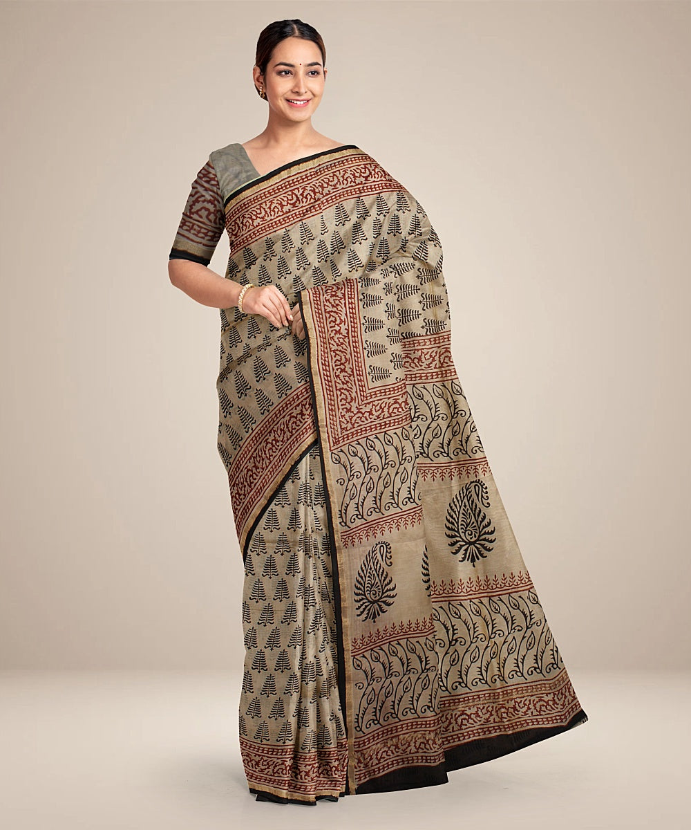 cream black cotton silk hand printed chanderi saree