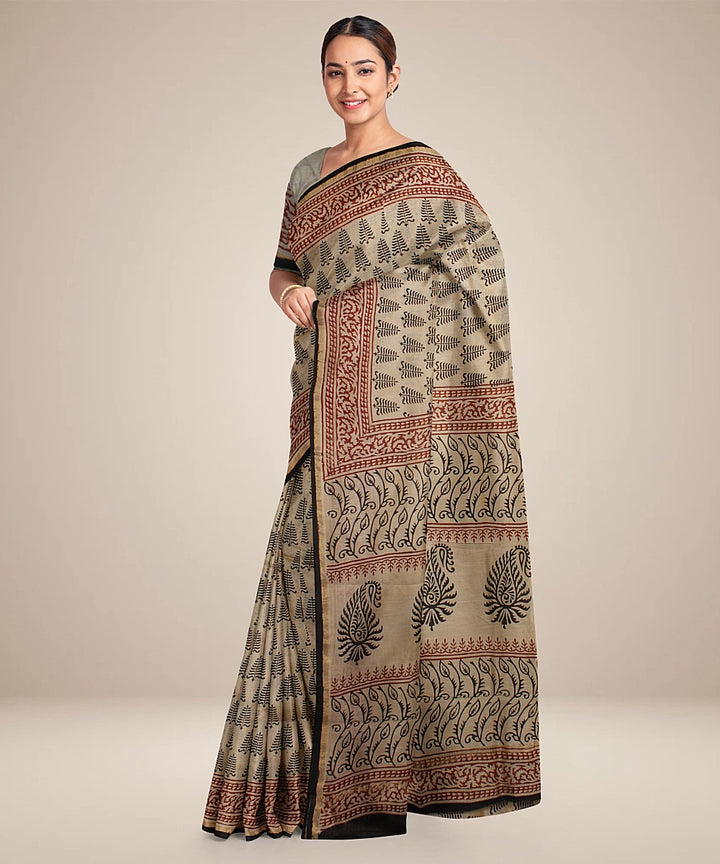 cream black cotton silk hand printed chanderi saree