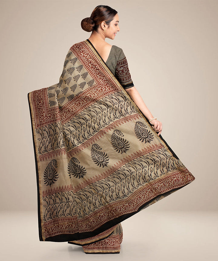 cream black cotton silk hand printed chanderi saree