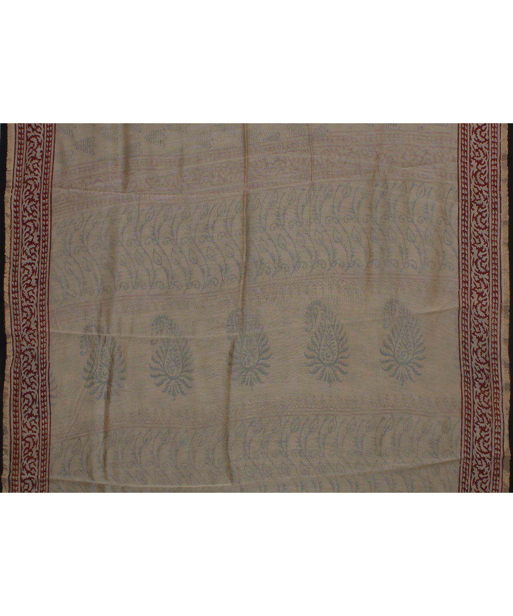 cream black cotton silk hand printed chanderi saree