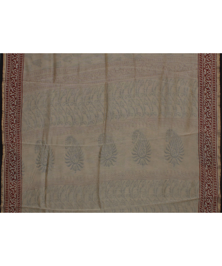 cream black cotton silk hand printed chanderi saree