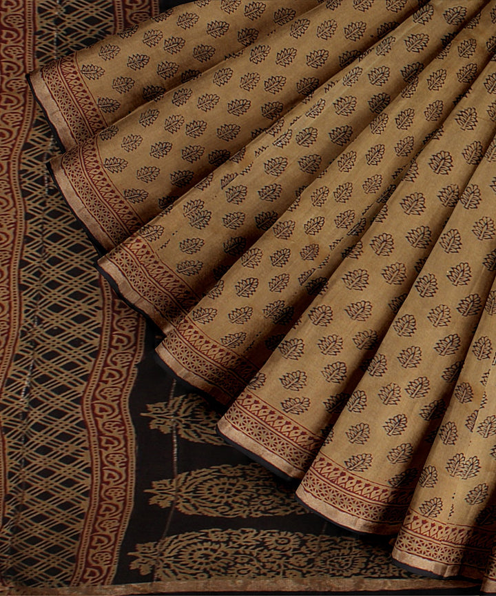 beige black cotton silk hand printed chanderi saree