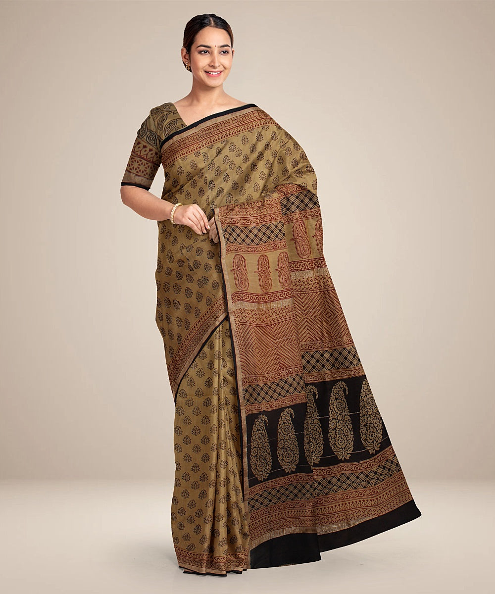 beige black cotton silk hand printed chanderi saree