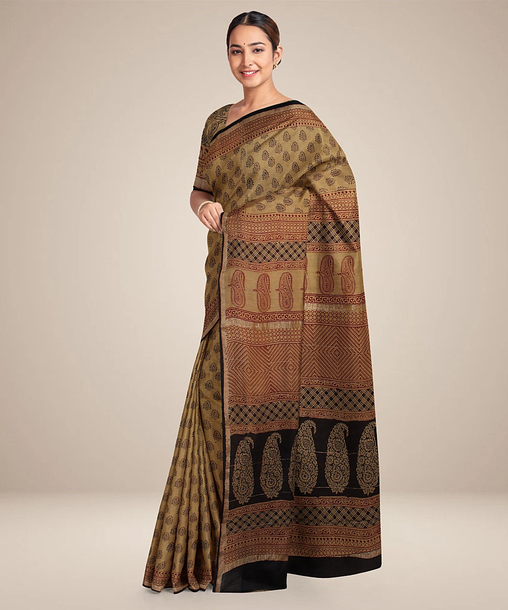 beige black cotton silk hand printed chanderi saree