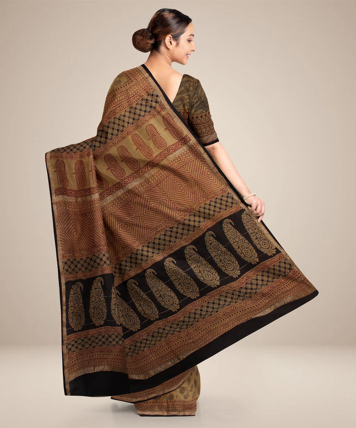 beige black cotton silk hand printed chanderi saree